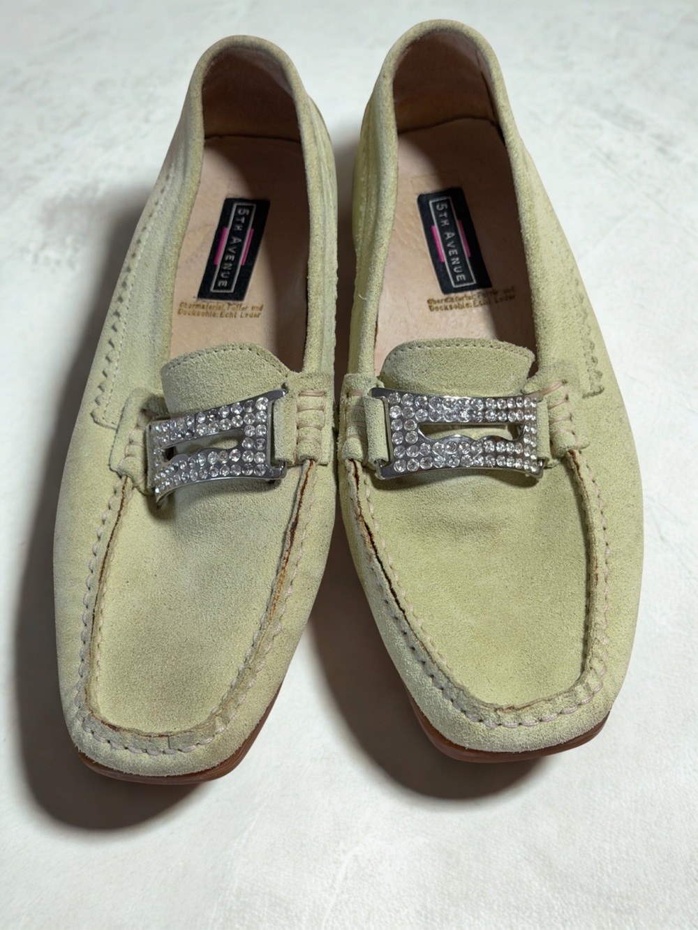 5th Avenue Women’s Suede Loafers in Light Green with Embellished Buckle